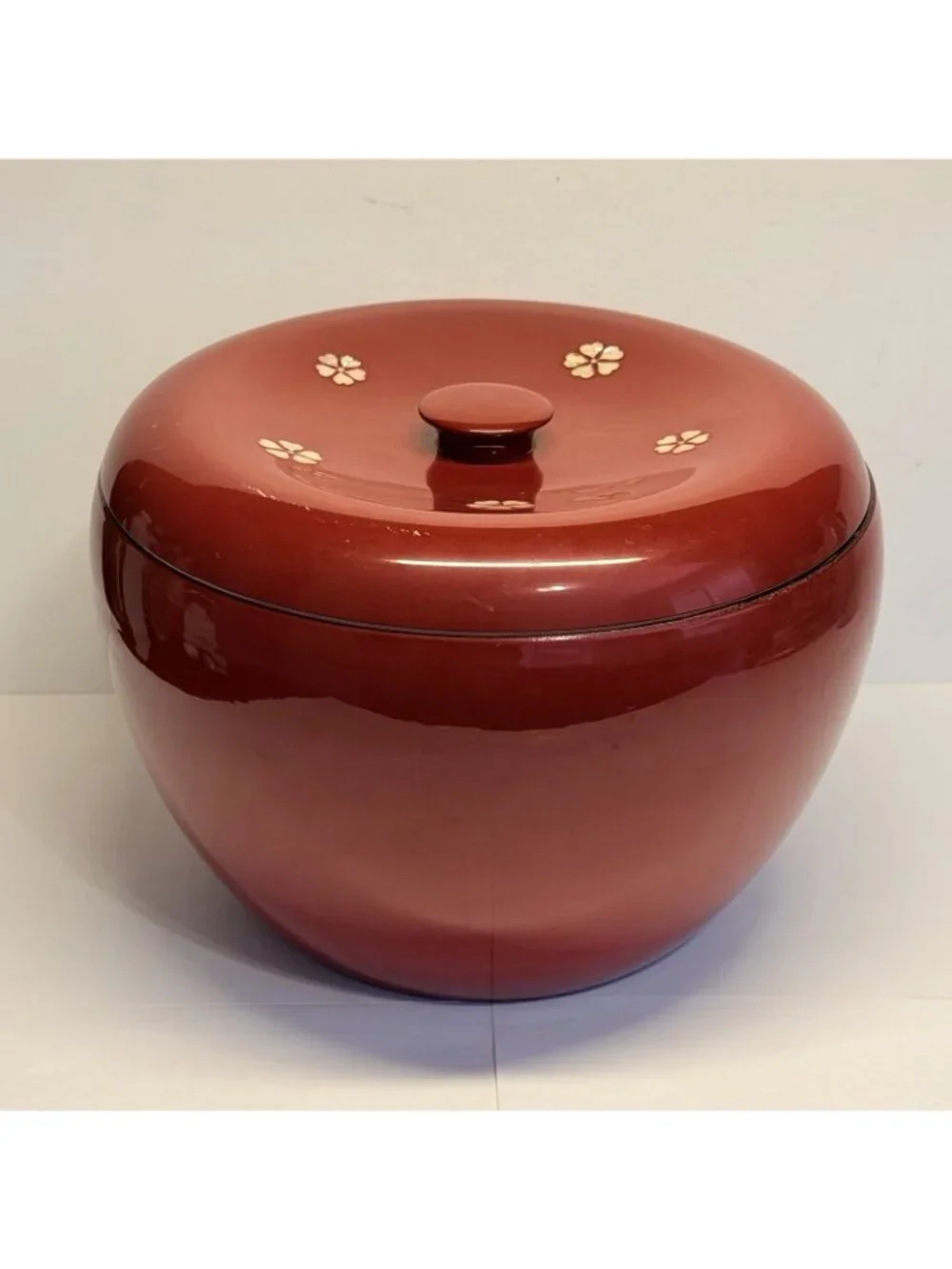 Japanese Wood Red Lacquer Ohitsu Rice Serving Bowl Mother of Pearl Inlay